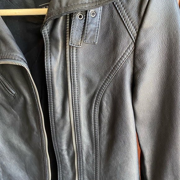 AllSaints black leather jacket. Fully lined, front zip, buckle and snap details. - Picture 9 of 11